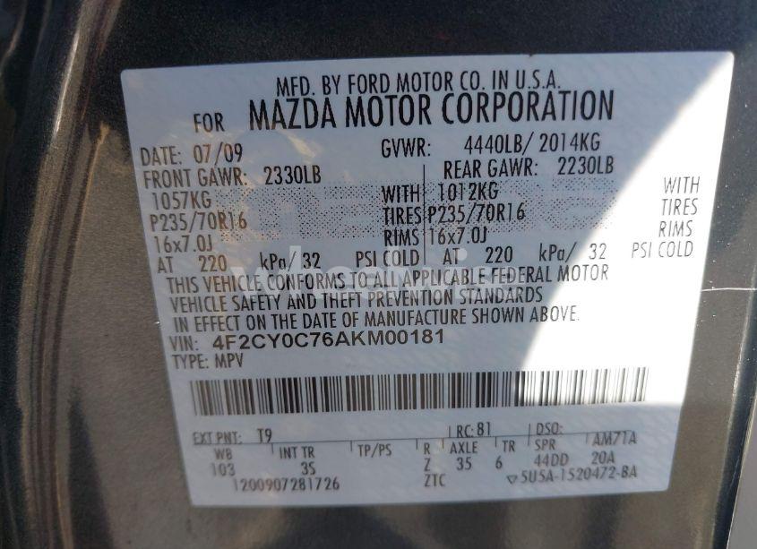 Photo 9 of 2010 Mazda Tribute I SPORT (VIN 4F2CY0C76AKM00181)