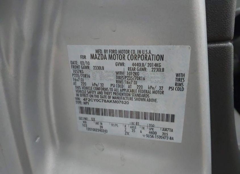 Photo 9 of 2010 Mazda Tribute I SPORT (VIN 4F2CY0C78AKM07620)