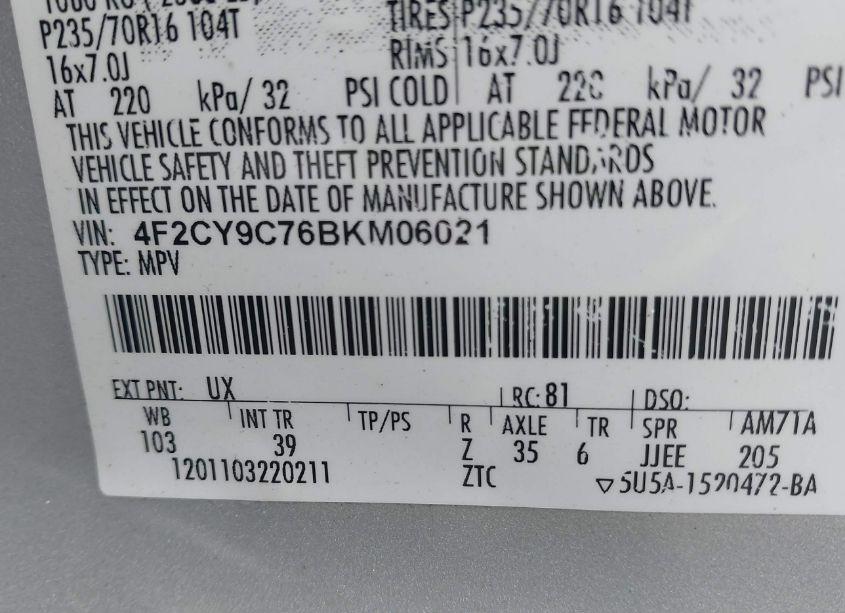 Photo 9 of 2011 Mazda Tribute I SPORT (VIN 4F2CY9C76BKM06021)