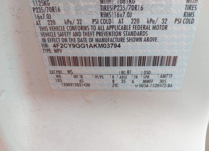 Photo 9 of 2010 Mazda Tribute S GRAND TOURING (VIN 4F2CY9GG1AKM03794)