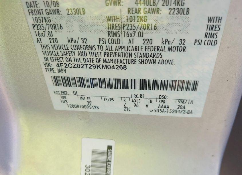 Photo 9 of 2009 Mazda Tribute I SPORT (VIN 4F2CZ02729KM04268)