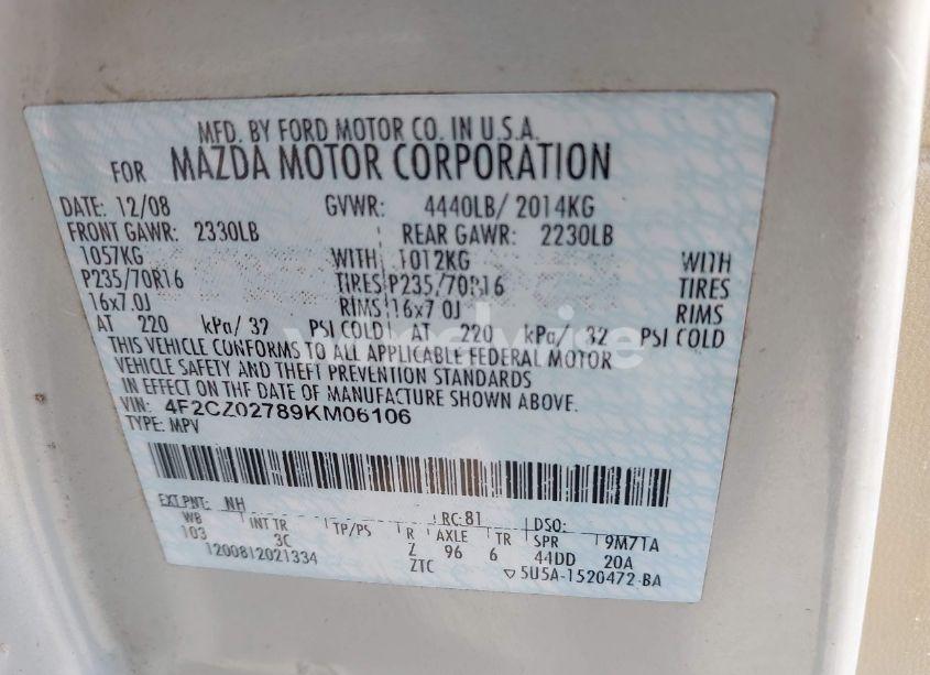 Photo 9 of 2009 Mazda Tribute I SPORT (VIN 4F2CZ02789KM06106)