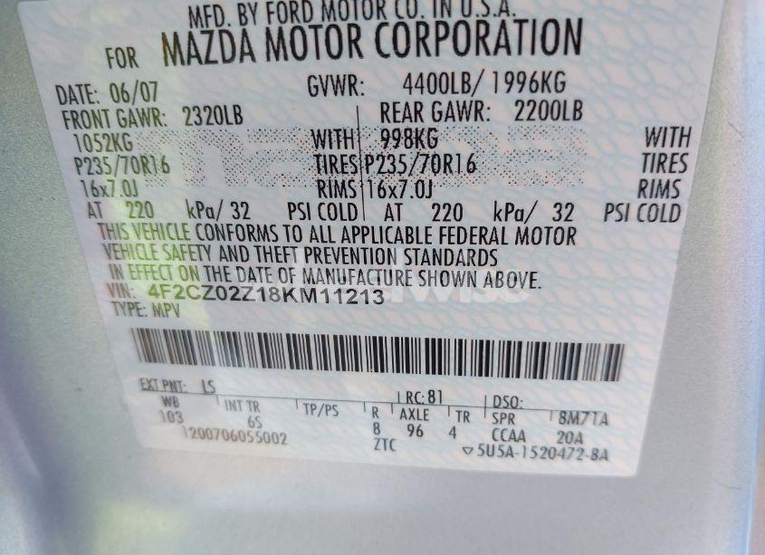 Photo 9 of 2008 Mazda Tribute I GRAND TOURING (VIN 4F2CZ02Z18KM11213)