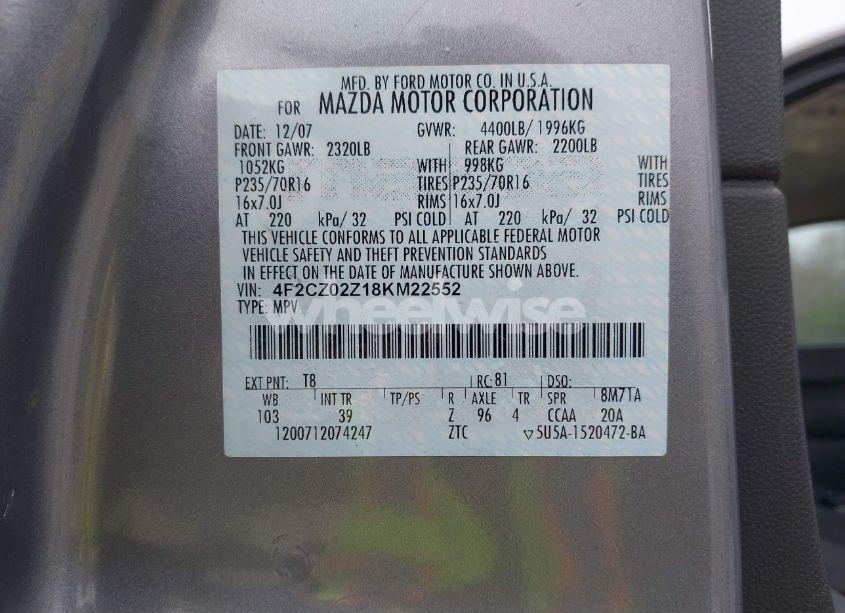 Photo 9 of 2008 Mazda Tribute I SPORT (VIN 4F2CZ02Z18KM22552)