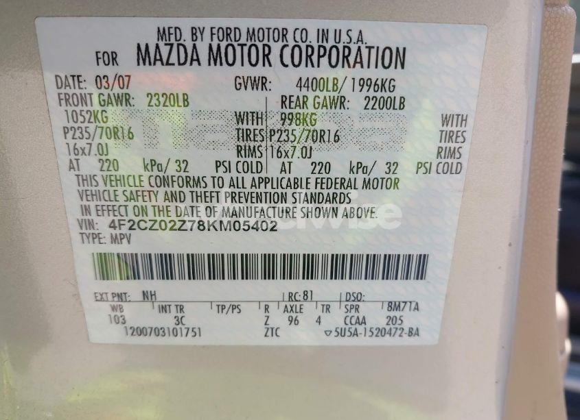 Photo 9 of 2008 Mazda Tribute I TOURING (VIN 4F2CZ02Z78KM05402)