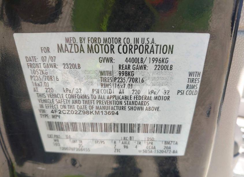 Photo 9 of 2008 Mazda Tribute I SPORT (VIN 4F2CZ02Z98KM13694)