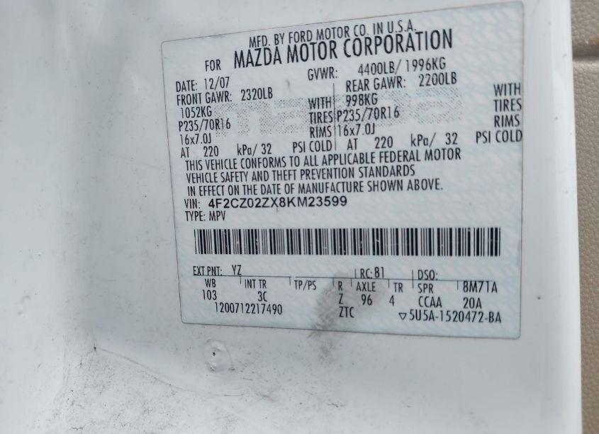 Photo 9 of 2008 Mazda Tribute I SPORT (VIN 4F2CZ02ZX8KM23599)