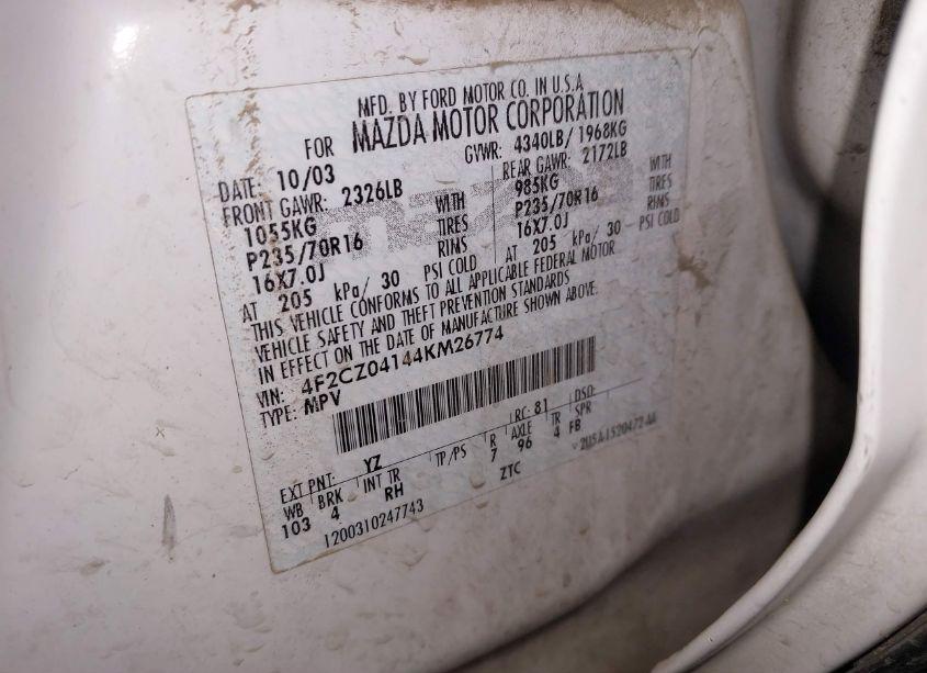 Photo 8 of 2004 Mazda Tribute LX V6 (VIN 4F2CZ04144KM26774)