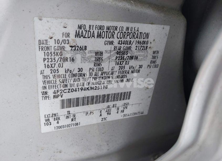 Photo 9 of 2004 Mazda Tribute LX V6 (VIN 4F2CZ04194KM25118)