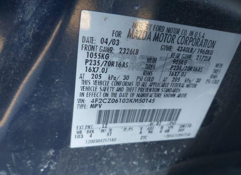 Photo 9 of 2003 Mazda Tribute ES V6 (VIN 4F2CZ06103KM50145)