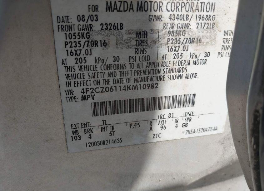 Photo 9 of 2004 Mazda Tribute ES V6 (VIN 4F2CZ06114KM10982)