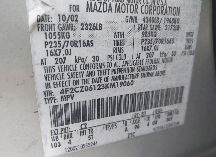 Photo 9 of 2003 Mazda Tribute ES V6 (VIN 4F2CZ06123KM19060)