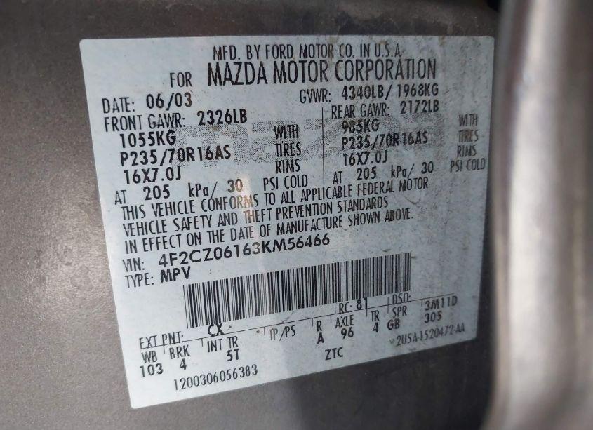 Photo 9 of 2003 Mazda Tribute ES V6 (VIN 4F2CZ06163KM56466)