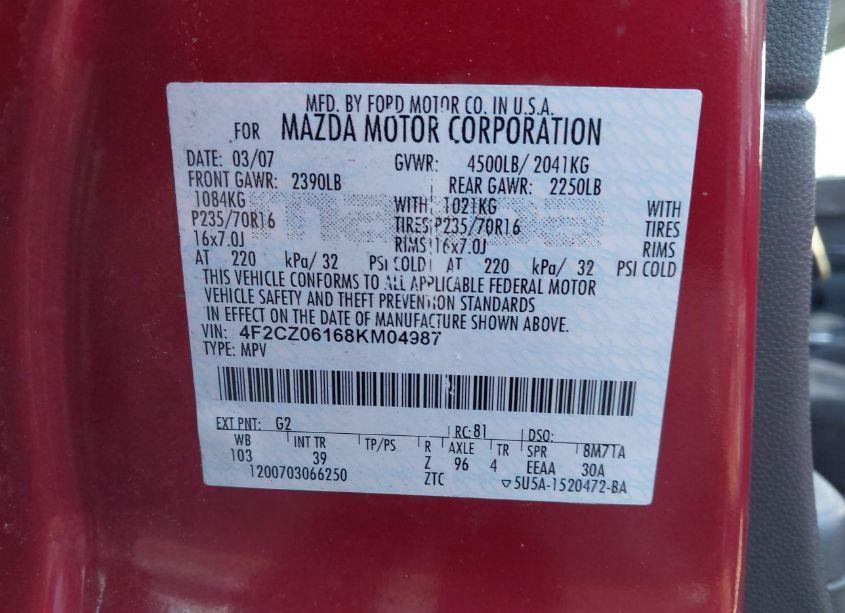 Photo 9 of 2008 Mazda Tribute S SPORT (VIN 4F2CZ06168KM04987)