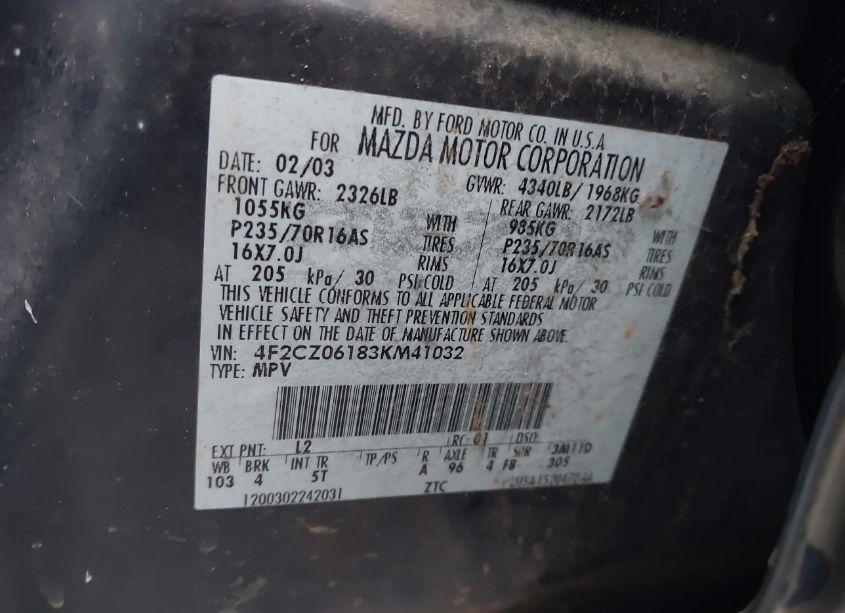 Photo 9 of 2003 Mazda Tribute ES V6 (VIN 4F2CZ06183KM41032)