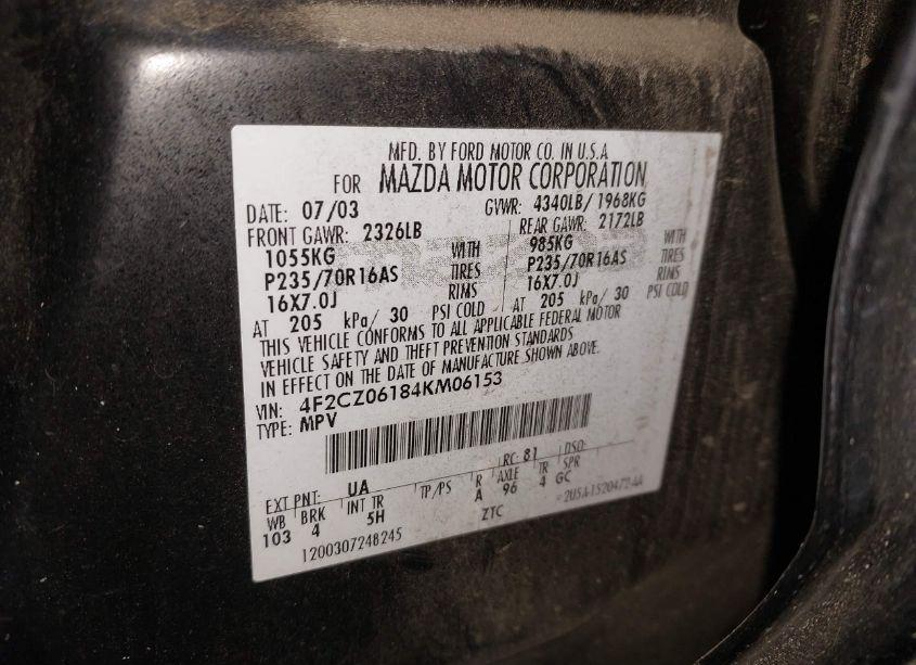 Photo 9 of 2004 Mazda Tribute ES V6 (VIN 4F2CZ06184KM06153)