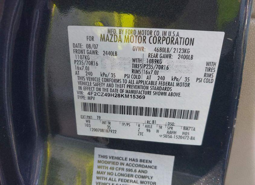 Photo 9 of 2008 Mazda Tribute HYBRID TOURING (VIN 4F2CZ49H28KM15369)