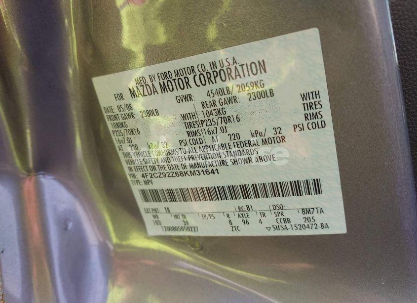 Photo 9 of 2008 Mazda Tribute I TOURING (VIN 4F2CZ92Z68KM31641)