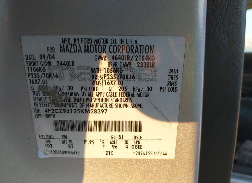 Photo 9 of 2005 Mazda Tribute S (VIN 4F2CZ94125KM28397)