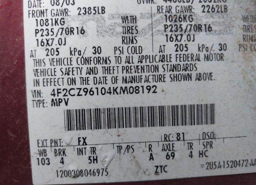 Photo 9 of 2004 Mazda Tribute ES V6 (VIN 4F2CZ96104KM08192)