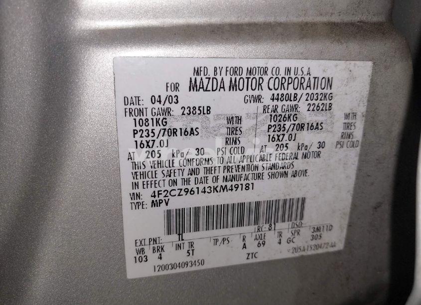 Photo 9 of 2003 Mazda Tribute ES V6 (VIN 4F2CZ96143KM49181)