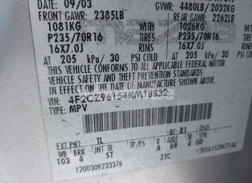 Photo 9 of 2004 Mazda Tribute ES V6 (VIN 4F2CZ96154KM18832)
