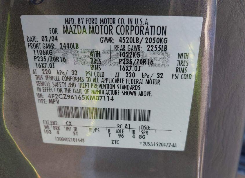 Photo 9 of 2005 Mazda Tribute S (VIN 4F2CZ96165KM07114)