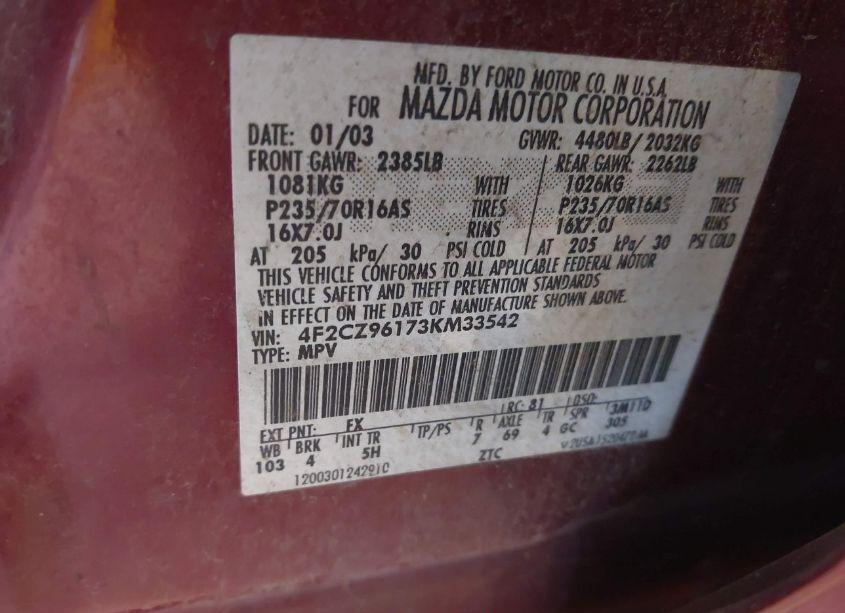 Photo 9 of 2003 Mazda Tribute ES V6 (VIN 4F2CZ96173KM33542)