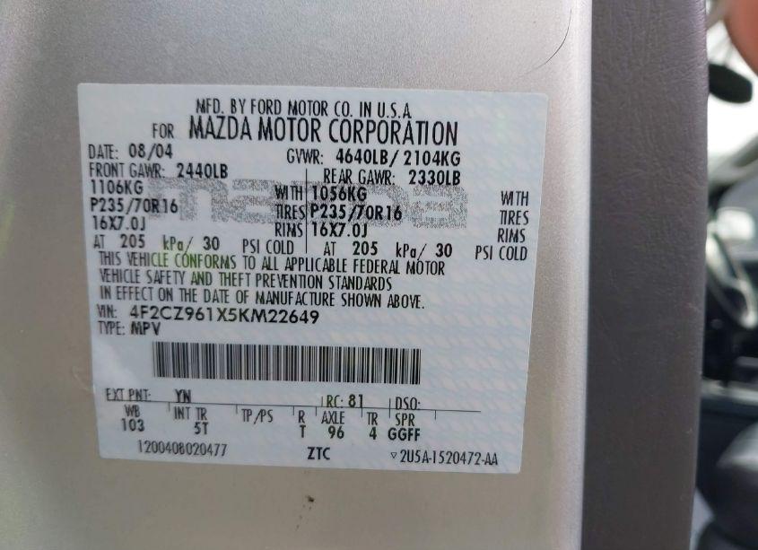 Photo 9 of 2005 Mazda Tribute S (VIN 4F2CZ961X5KM22649)