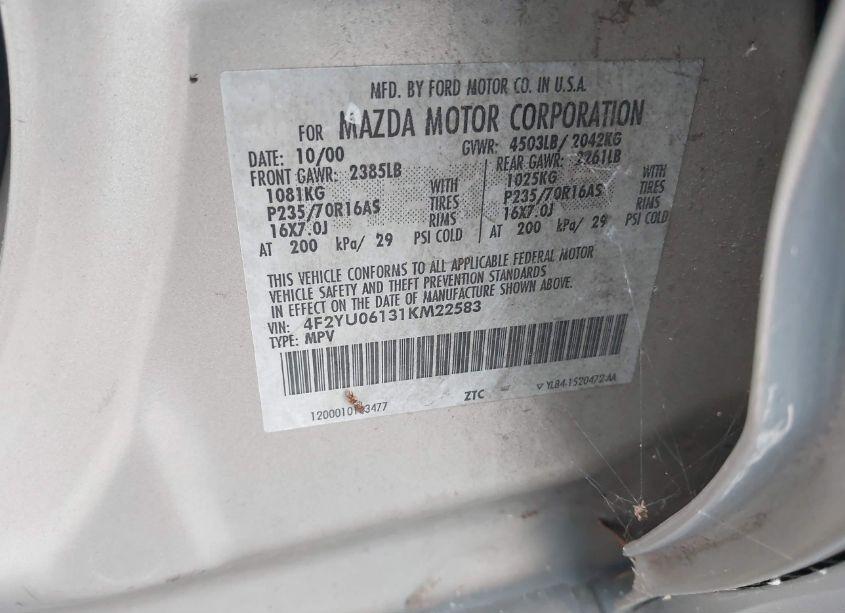 Photo 9 of 2001 Mazda Tribute DX V6 (VIN 4F2YU06131KM22583)