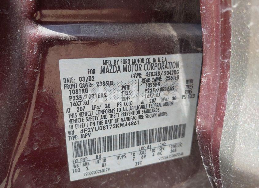 Photo 9 of 2002 Mazda Tribute ES V6/LX V6 (VIN 4F2YU08172KM44861)