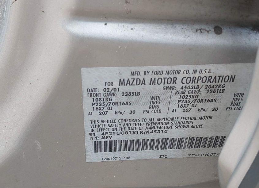 Photo 9 of 2001 Mazda Tribute ES V6/LX V6 (VIN 4F2YU081X1KM45310)