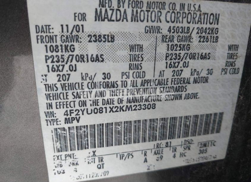 Photo 9 of 2002 Mazda Tribute ES V6/LX V6 (VIN 4F2YU081X2KM23308)