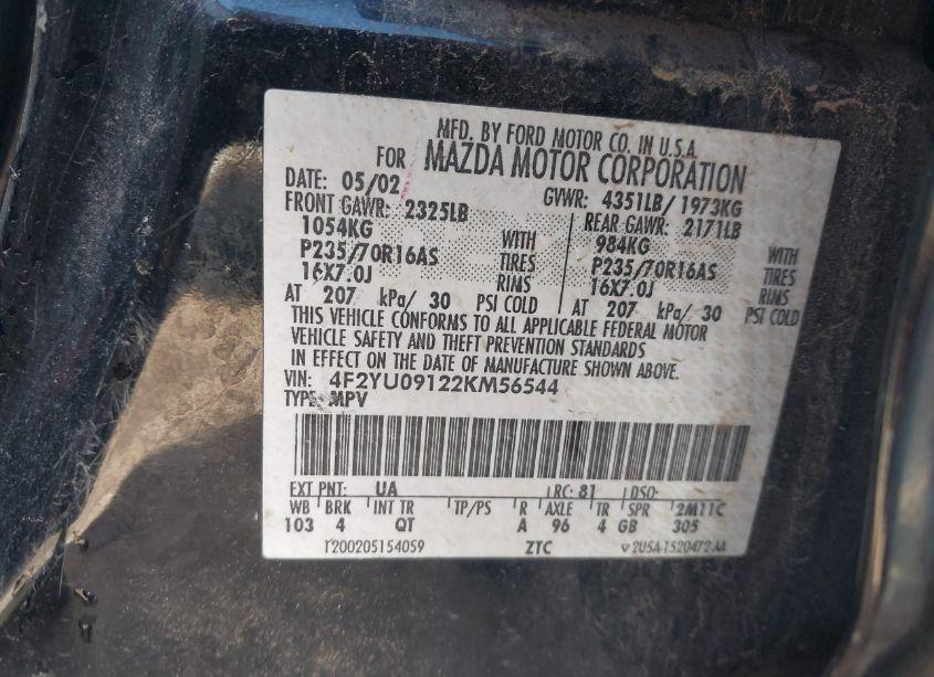 Photo 9 of 2002 Mazda Tribute ES V6/LX V6 (VIN 4F2YU09122KM56544)