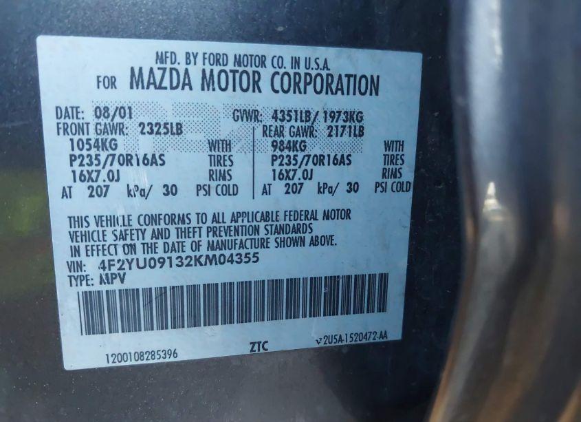 Photo 9 of 2002 Mazda Tribute ES V6/LX V6 (VIN 4F2YU09132KM04355)