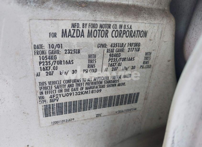 Photo 9 of 2002 Mazda Tribute ES V6/LX V6 (VIN 4F2YU09132KM18109)