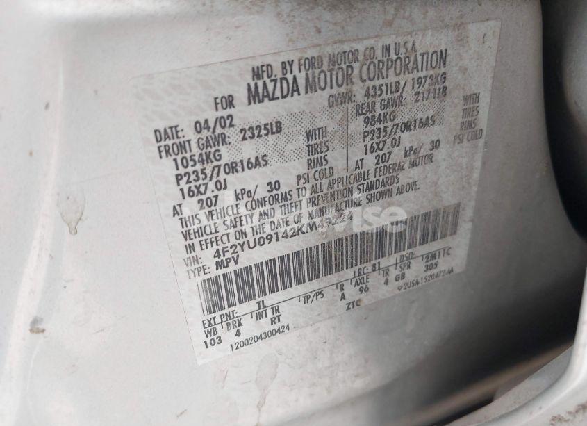 Photo 9 of 2002 Mazda Tribute ES V6/LX V6 (VIN 4F2YU09142KM49224)