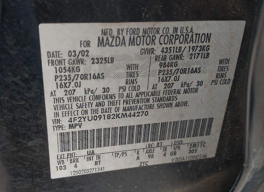 Photo 9 of 2002 Mazda Tribute ES V6/LX V6 (VIN 4F2YU09182KM44270)