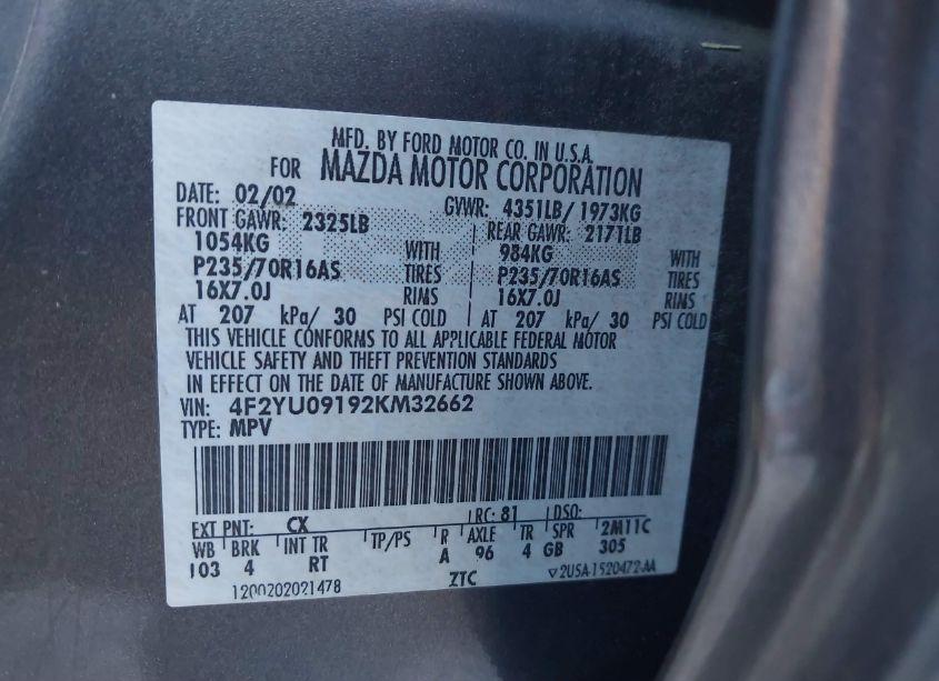 Photo 9 of 2002 Mazda Tribute ES V6/LX V6 (VIN 4F2YU09192KM32662)