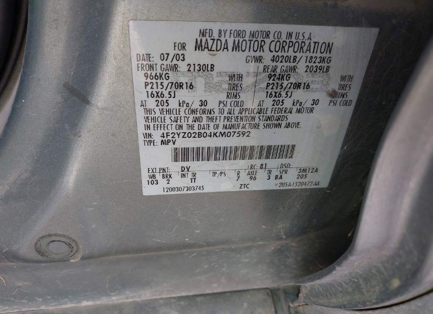 Photo 9 of 2004 Mazda Tribute DX (VIN 4F2YZ02B04KM07592)