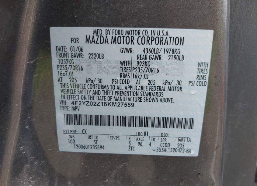 Photo 9 of 2006 Mazda Tribute I (VIN 4F2YZ02Z16KM27589)