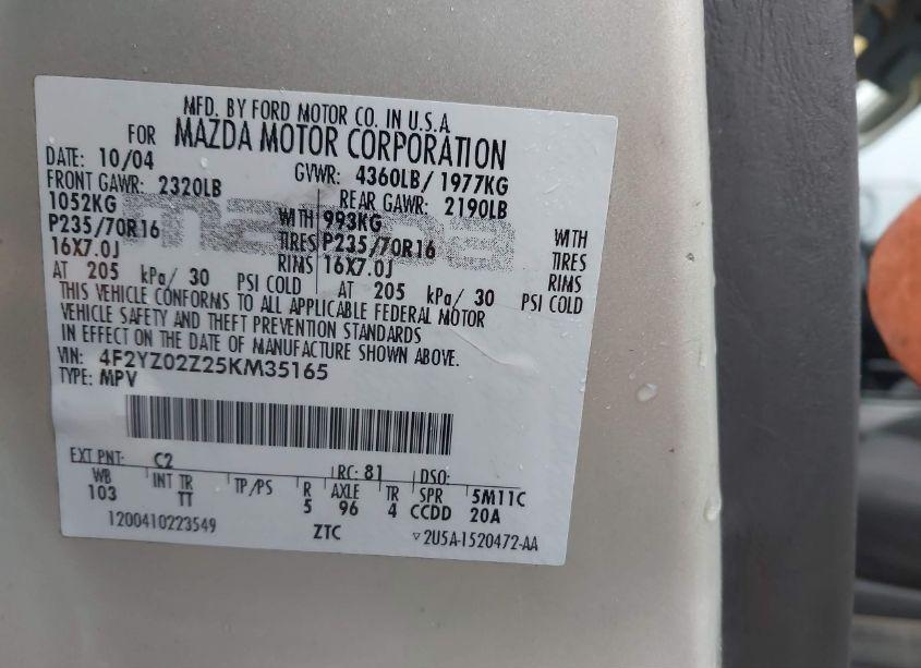 Photo 9 of 2005 Mazda Tribute I (VIN 4F2YZ02Z25KM35165)