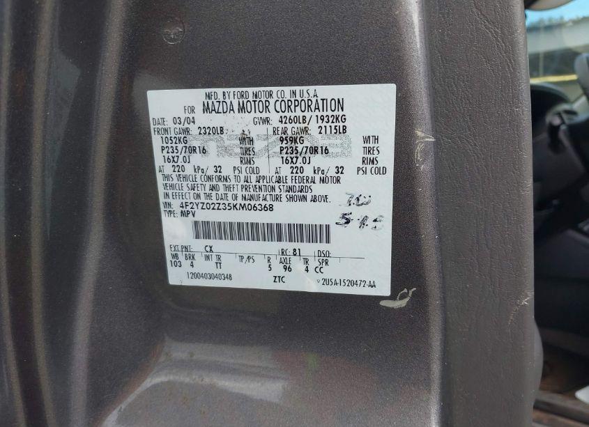 Photo 9 of 2005 Mazda Tribute I (VIN 4F2YZ02Z35KM06368)