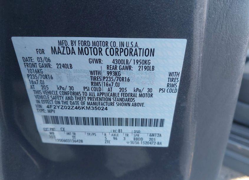 Photo 9 of 2006 Mazda Tribute I (VIN 4F2YZ02Z46KM35024)