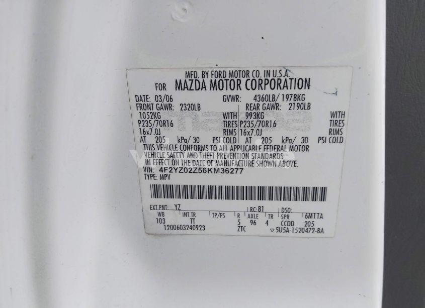 Photo 9 of 2006 Mazda Tribute I (VIN 4F2YZ02Z56KM36277)