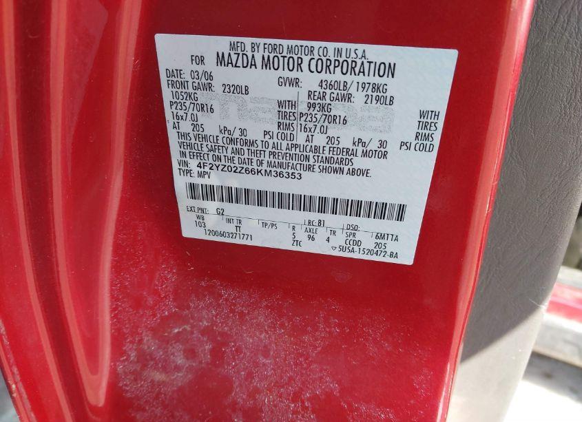 Photo 9 of 2006 Mazda Tribute I (VIN 4F2YZ02Z66KM36353)