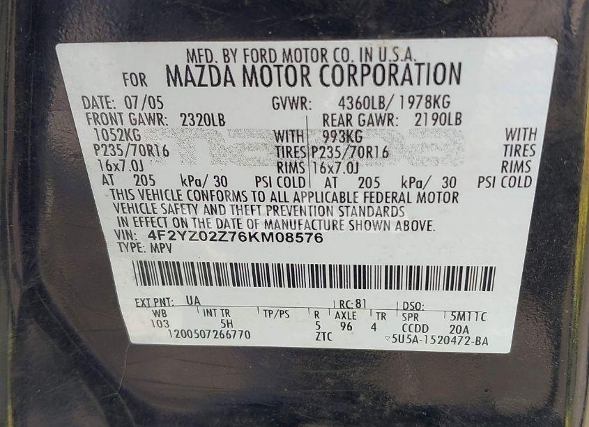 Photo 9 of 2006 Mazda Tribute I (VIN 4F2YZ02Z76KM08576)