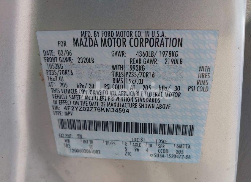 Photo 9 of 2006 Mazda Tribute I (VIN 4F2YZ02Z76KM34594)