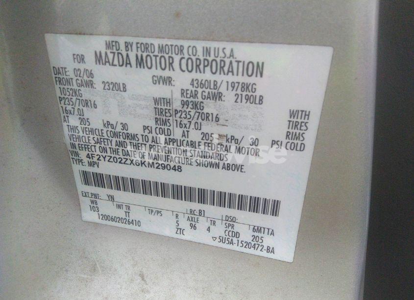 Photo 9 of 2006 Mazda Tribute I (VIN 4F2YZ02ZX6KM29048)