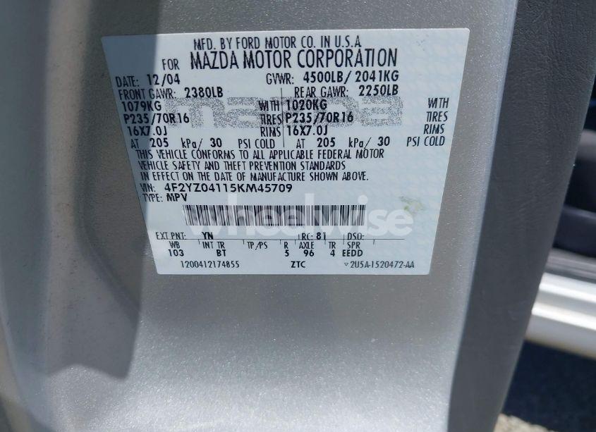 Photo 9 of 2005 Mazda Tribute S (VIN 4F2YZ04115KM45709)